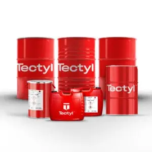Tectyl product family with red drums and pails