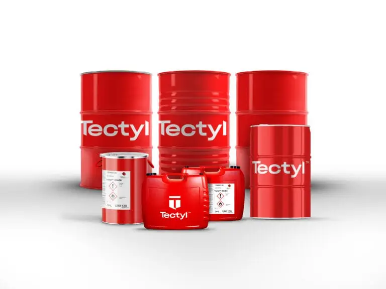 Tectyl product family with red drums and pails