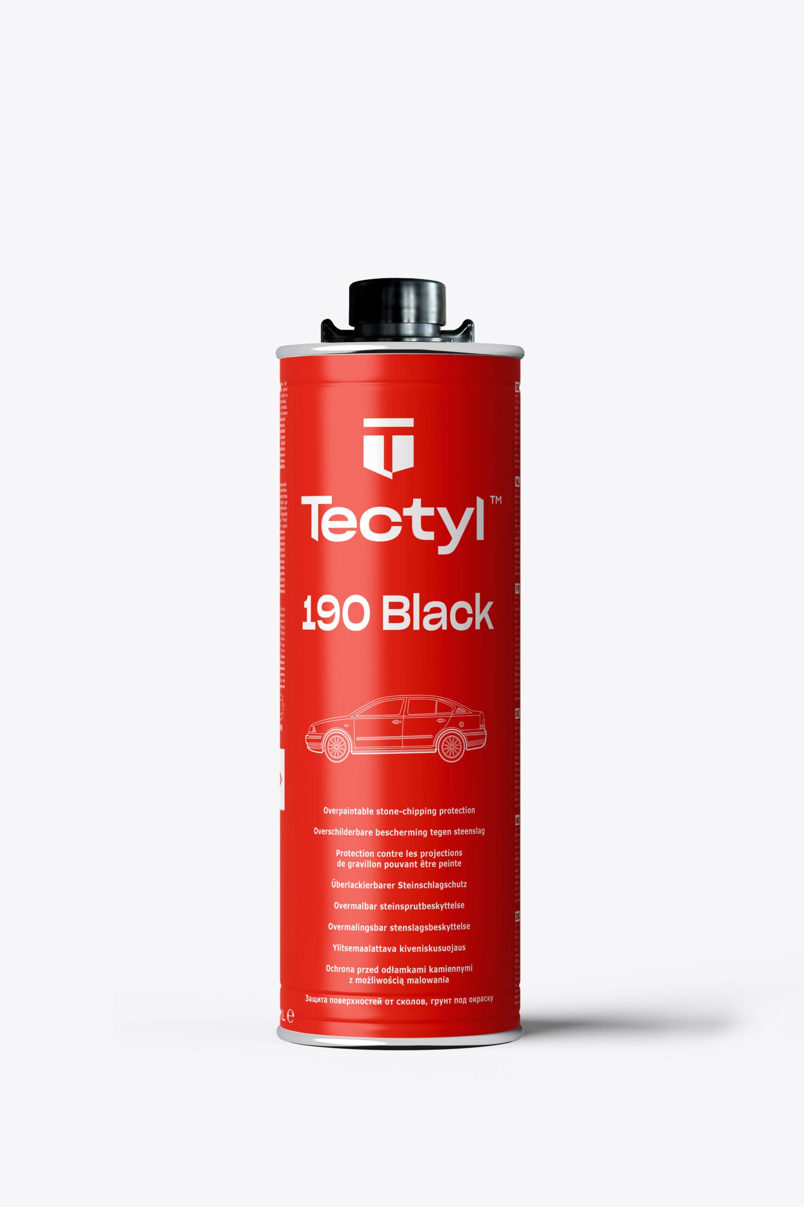 Tectyl 190 Black overpaintable stone-chip protection in a red 1 litre spray-gun can