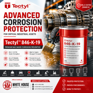 Tectyl 846-K-19 wax corrosion preventive in a red 20-litre pail beside industrial gears and brush application