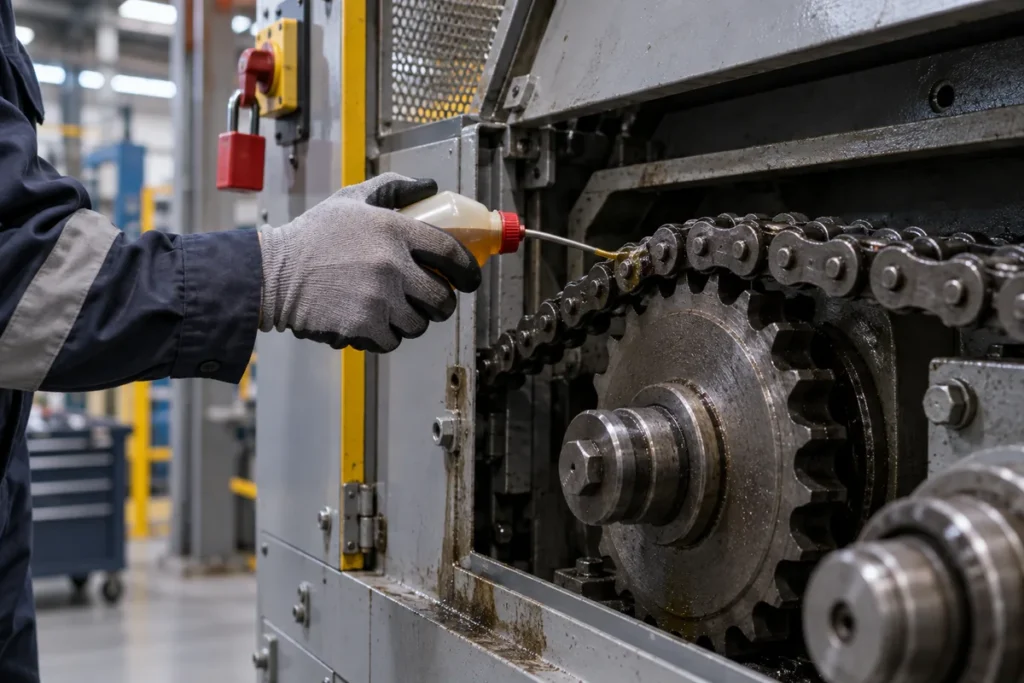 Lubricating a stationary industrial roller chain during maintenance