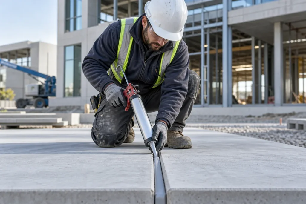 Worker sealing an expansion joint between concrete panels