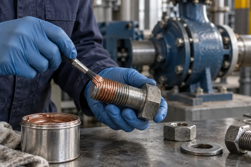 Applying copper anti-seize compound to an industrial steel bolt