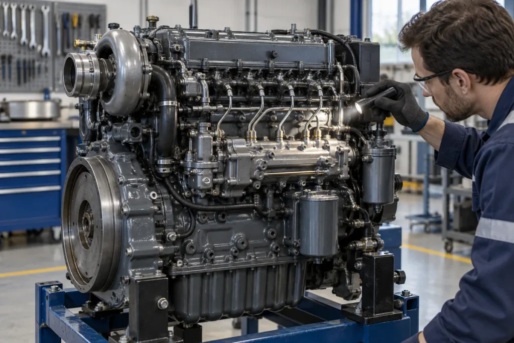 Technician inspecting a stored industrial diesel engine