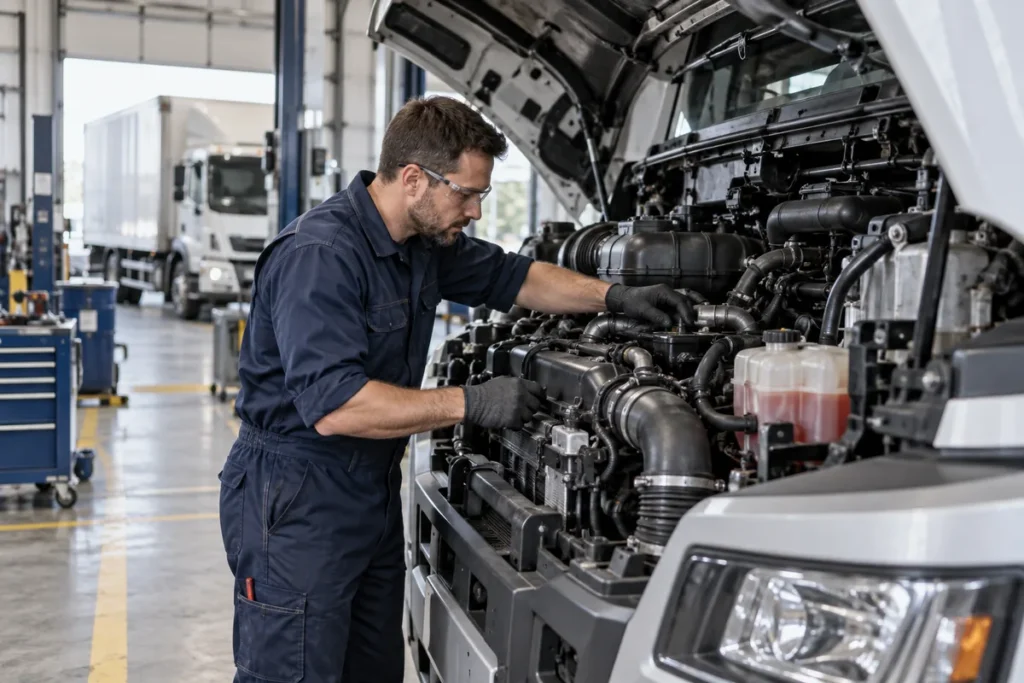 Fleet technician inspecting a truck engine in a service workshop