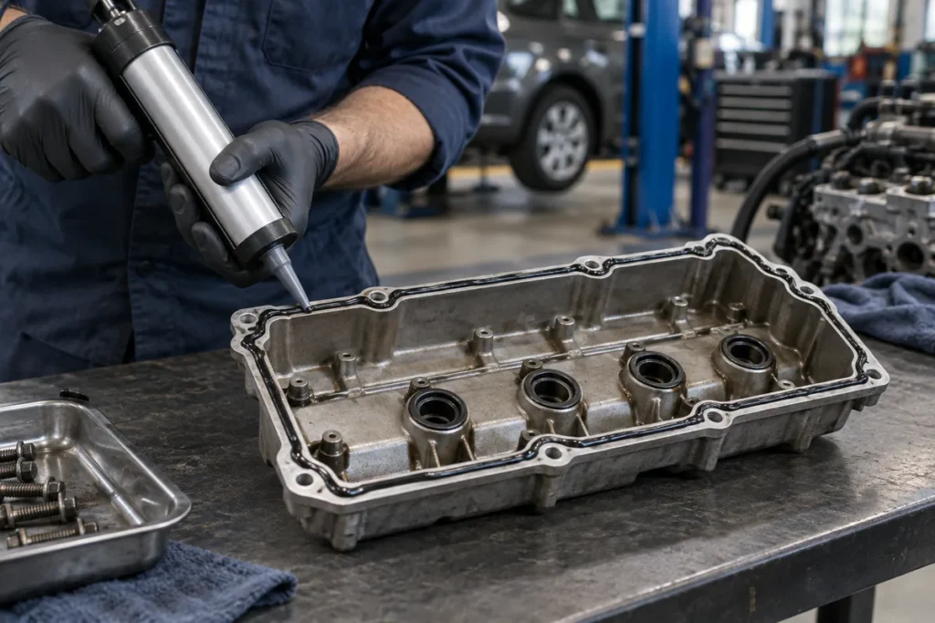 Technician applying a gasket bead to a removed engine valve cover