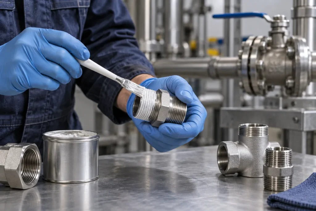Technician applying thread-sealing paste to a stainless steel pipe fitting